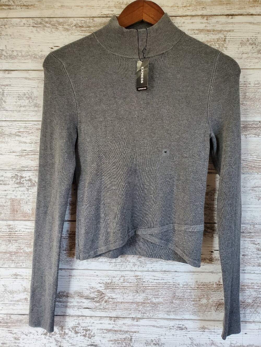 NWT Express Grey Ribbed Mock Neck Crossover Hem Long Sleeve Crop Sweater
